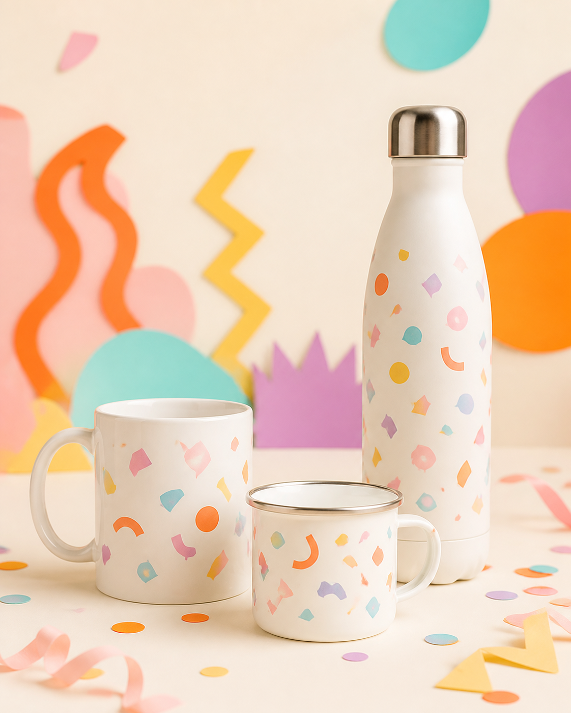 Taza, jarrito y botella personalizados de Confeti